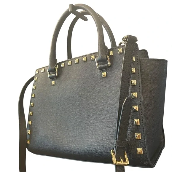 Michael Kors Black Studded Saffiano Leather Satchel‎ Crossbody Medium Purse Bag - Picture 15 of 15